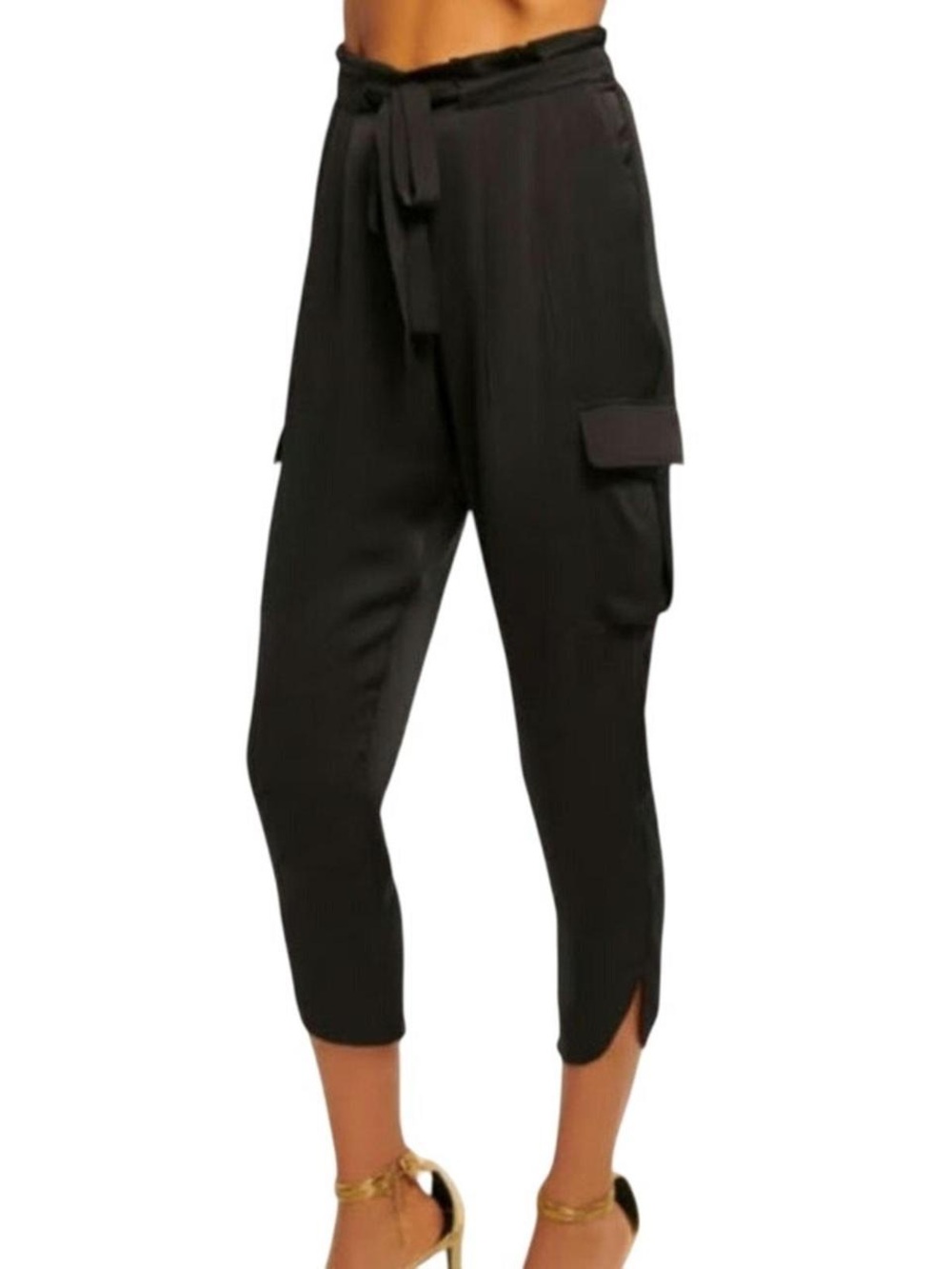 Ramy Brook | Satiny Black Cropped Cargo Pants, S